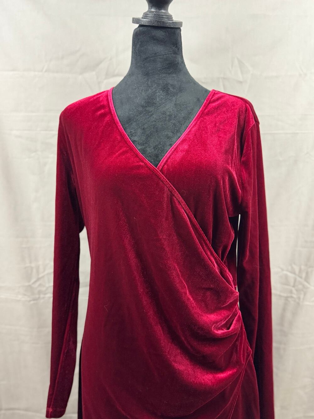 Halara Sangria V Neck Long Sleeve Ruched Split Velvet Midi Casual Dress, Size L